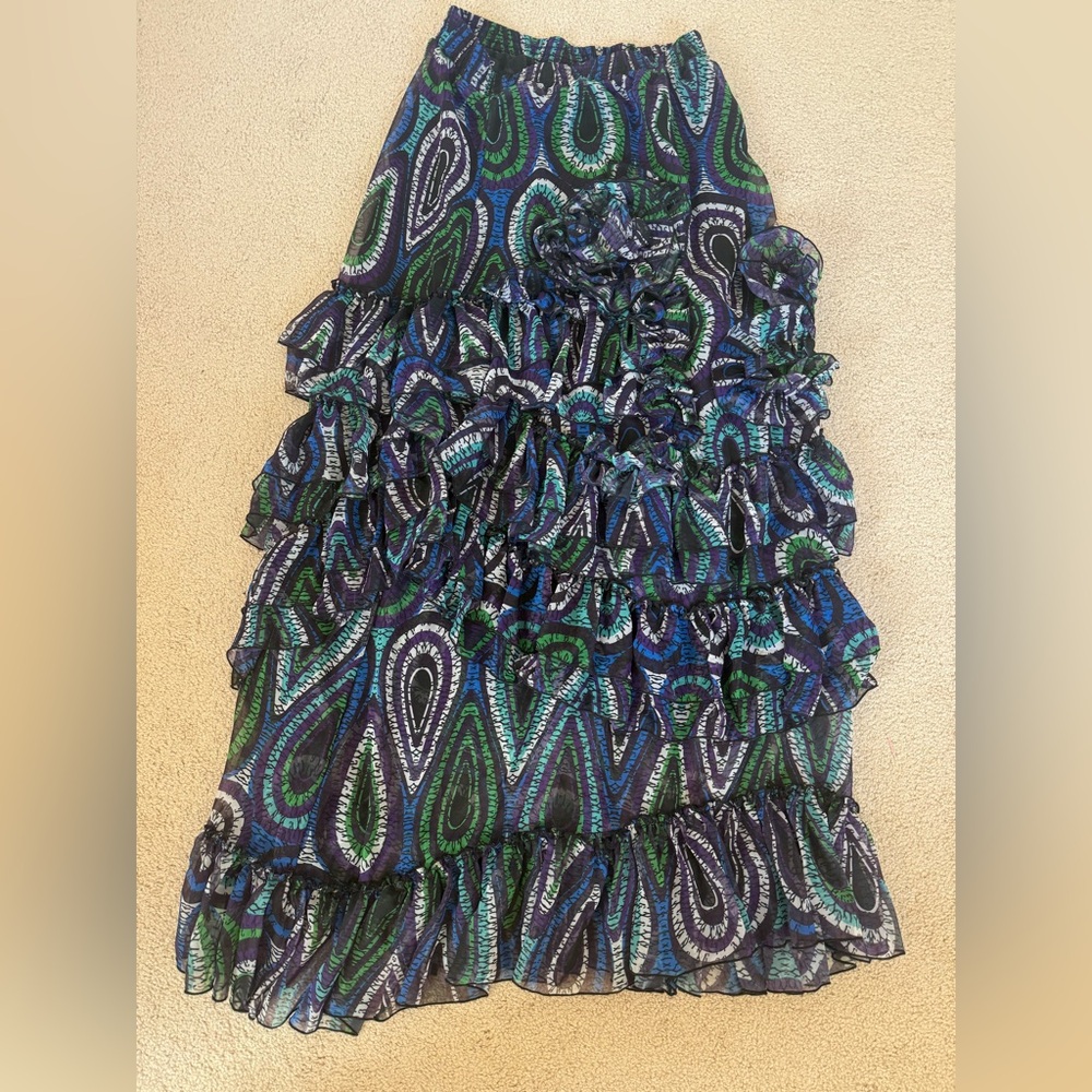 Tiered Ruffle Maxi Skirt in Blue & Green Paisley